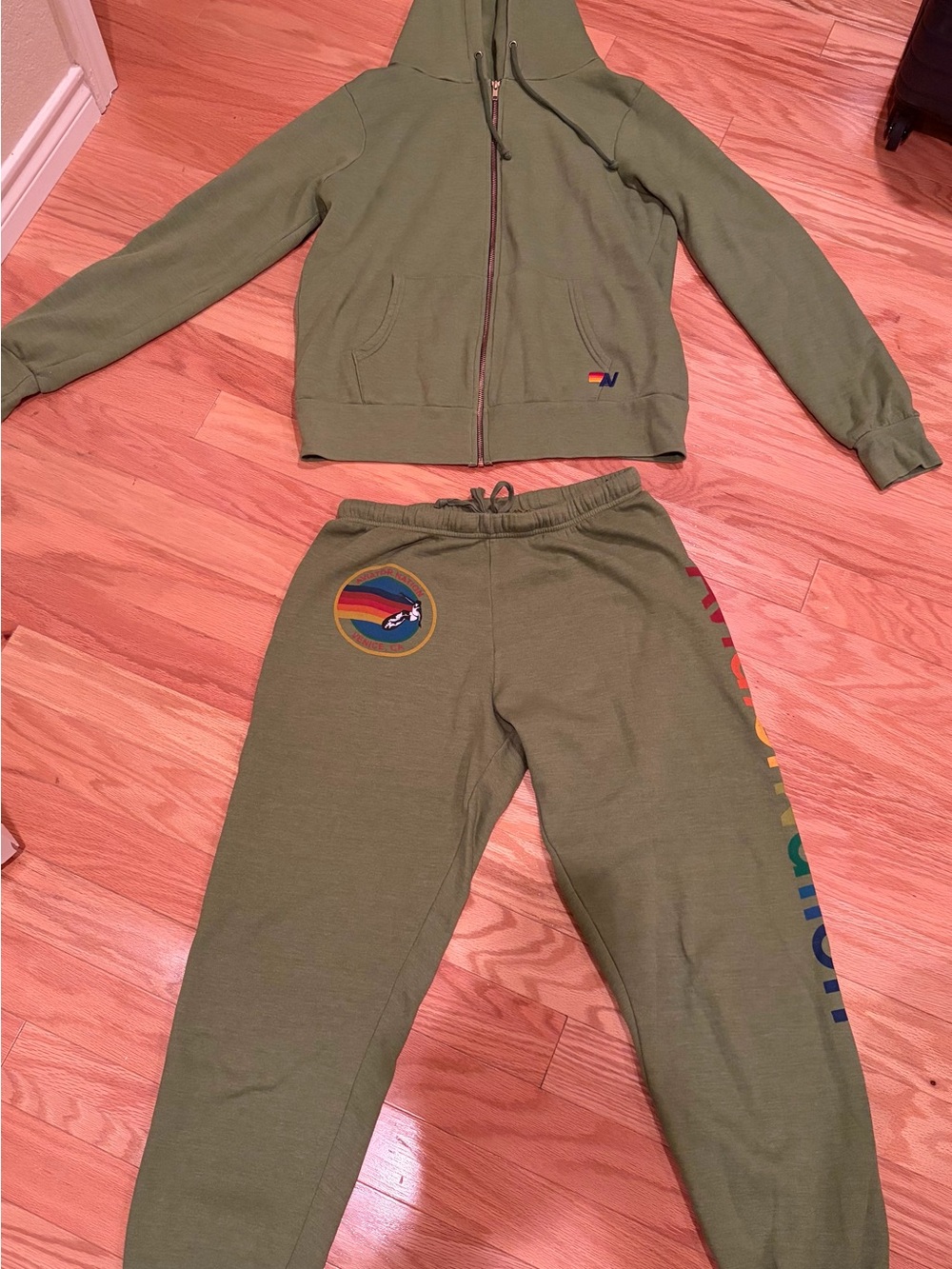 Aviator Nation Olive Green Zip Hoodie & Joggers with Rainbow Accents and ⚡️